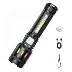 Arenzza multifunctional LED flashlight with zoom, power display, USB-C port, and four lighting modes, showcasing its compact design.