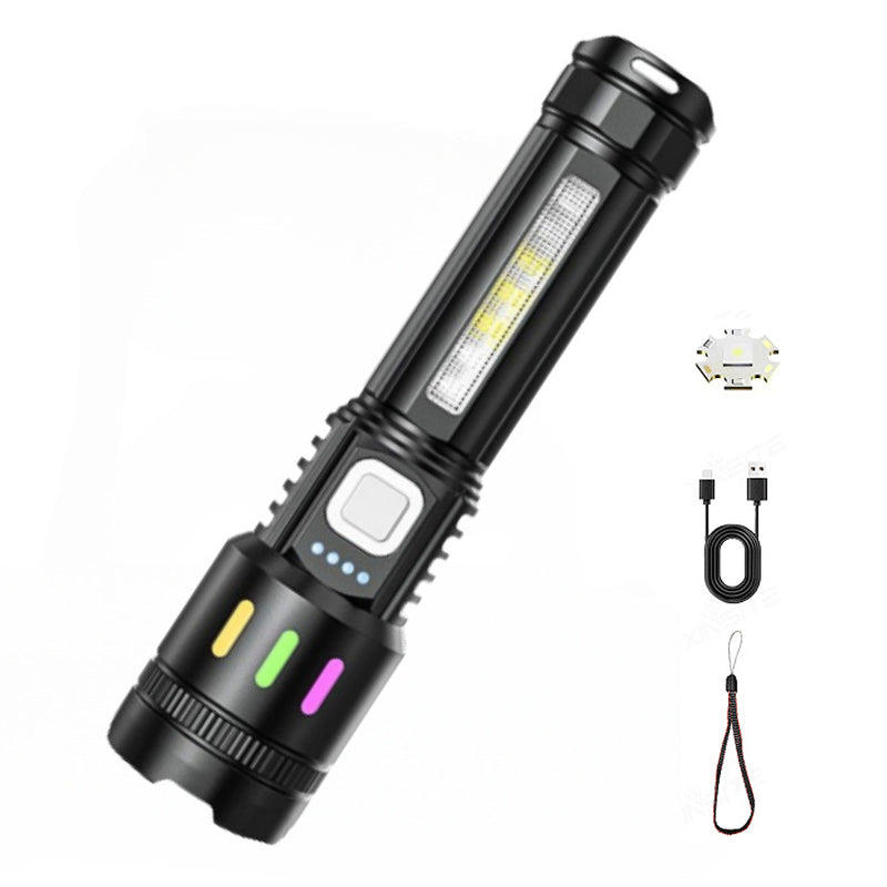 Arenzza multifunctional LED flashlight with zoom, power display, USB-C port, and four lighting modes, showcasing its compact design.