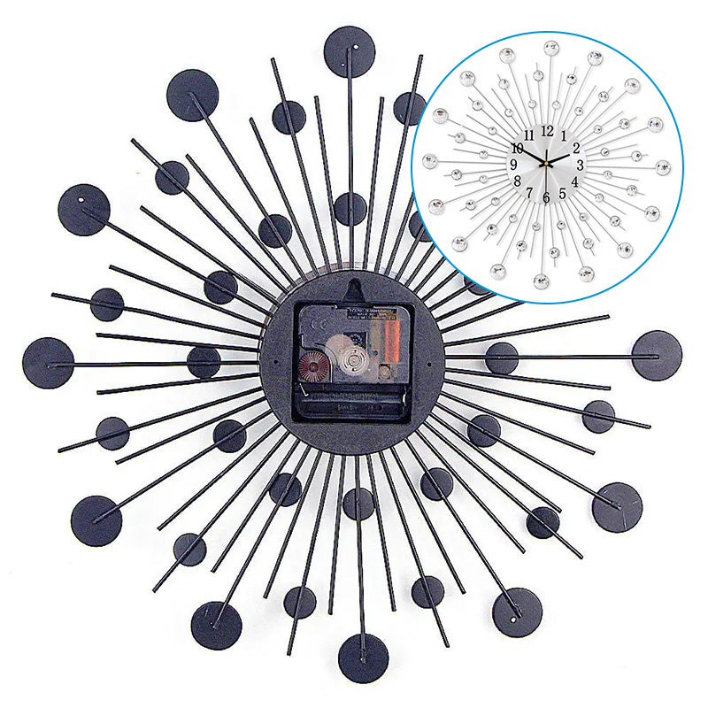 Aarenza creative rhinestone wall clock with minimalist design, featuring a silver finish and decorative rhinestones, hanging in a living room.