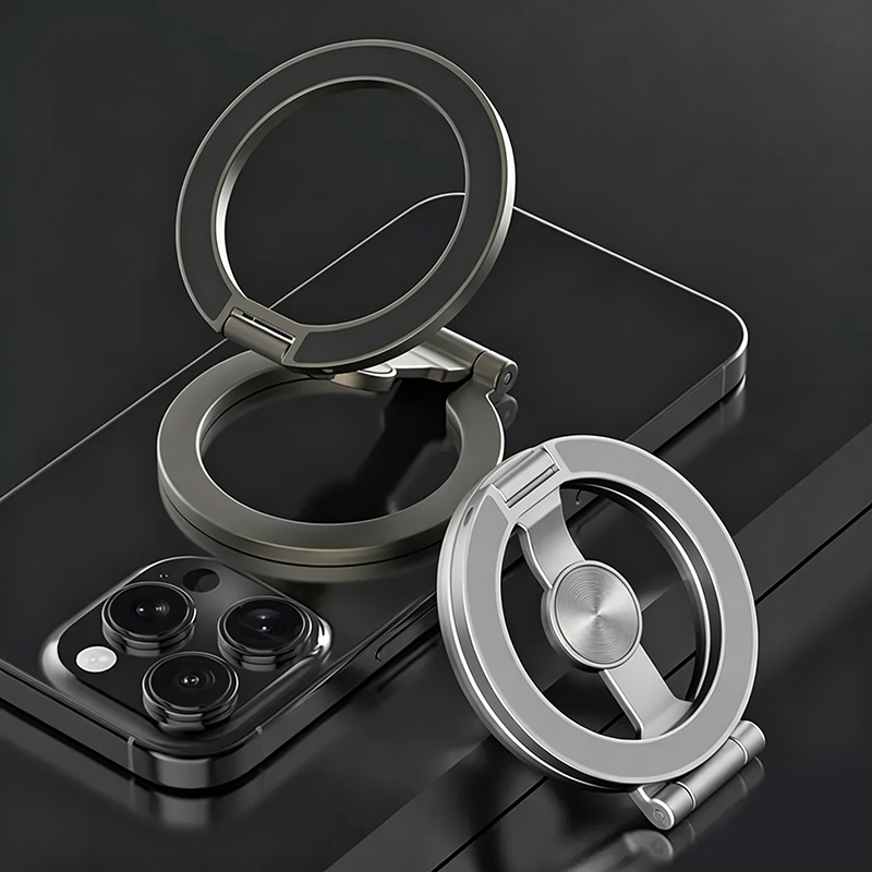 Arenzza foldable magnetic phone mount attached to a car dashboard, showing multi-angle adjustable design and portable stability.