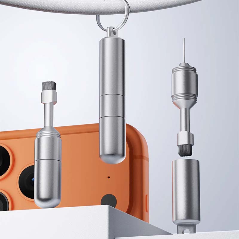 Arenzza 2-in-1 earphone cleaning brush and SIM ejector pin with portable multi-tool design, shown in a sleek, compact form.