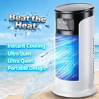 Arenzza USB desktop air cooler fan on a desk, compact electronic fan with adjustable settings and sleek design for personal cooling.