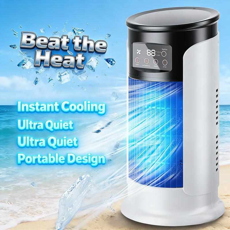 Arenzza USB desktop air cooler fan on a desk, compact electronic fan with adjustable settings and sleek design for personal cooling.
