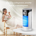 Arenzza USB desktop air cooler fan showing compact design with adjustable vents and controls for personal cooling.