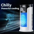 Arenzza USB desktop air cooler fan on a desk, compact electronic cooling device with adjustable vents and a power button.