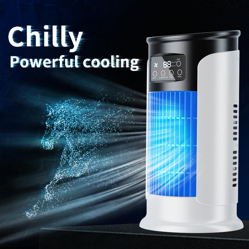 Arenzza USB desktop air cooler fan on a desk, compact electronic cooling device with adjustable vents and a power button.