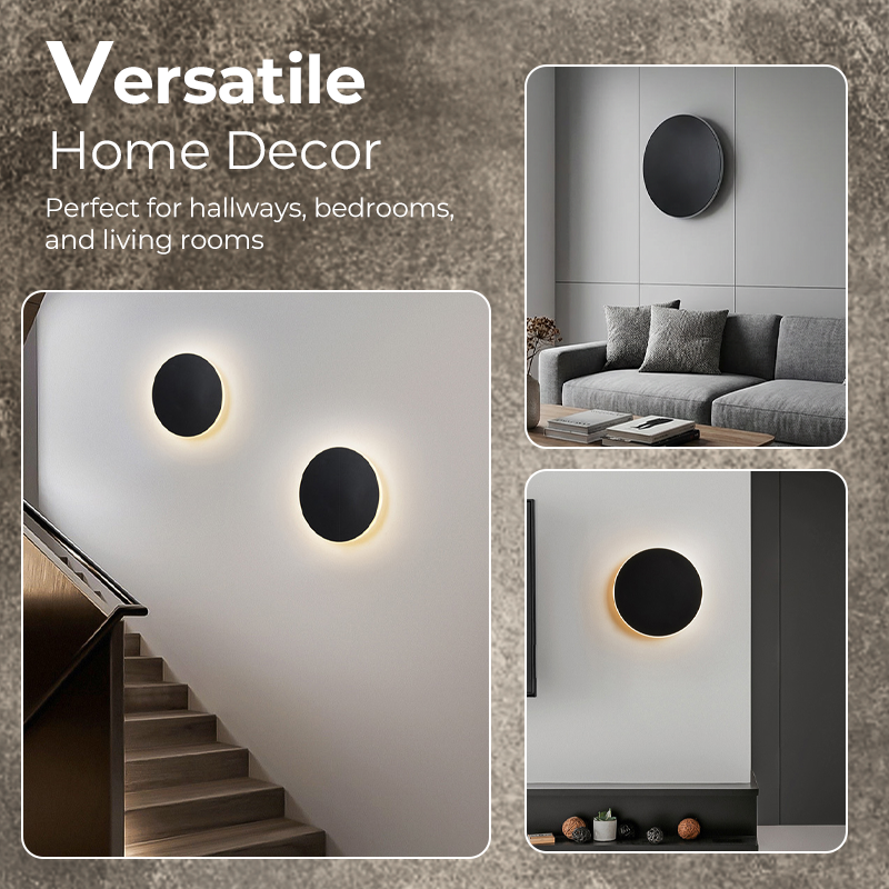 Arenzza modern round LED wall sconce mounted on a wall, showcasing sleek, contemporary electronic lighting design.