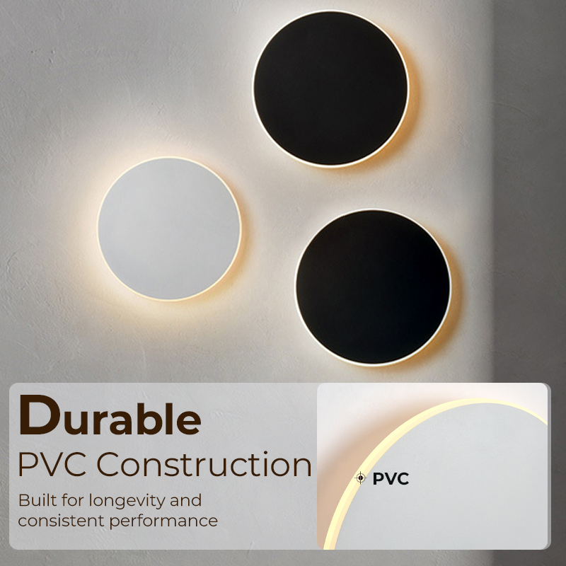 Arenzza modern round LED wall sconce with sleek design, mounted on a wall, providing stylish lighting for home or office spaces.