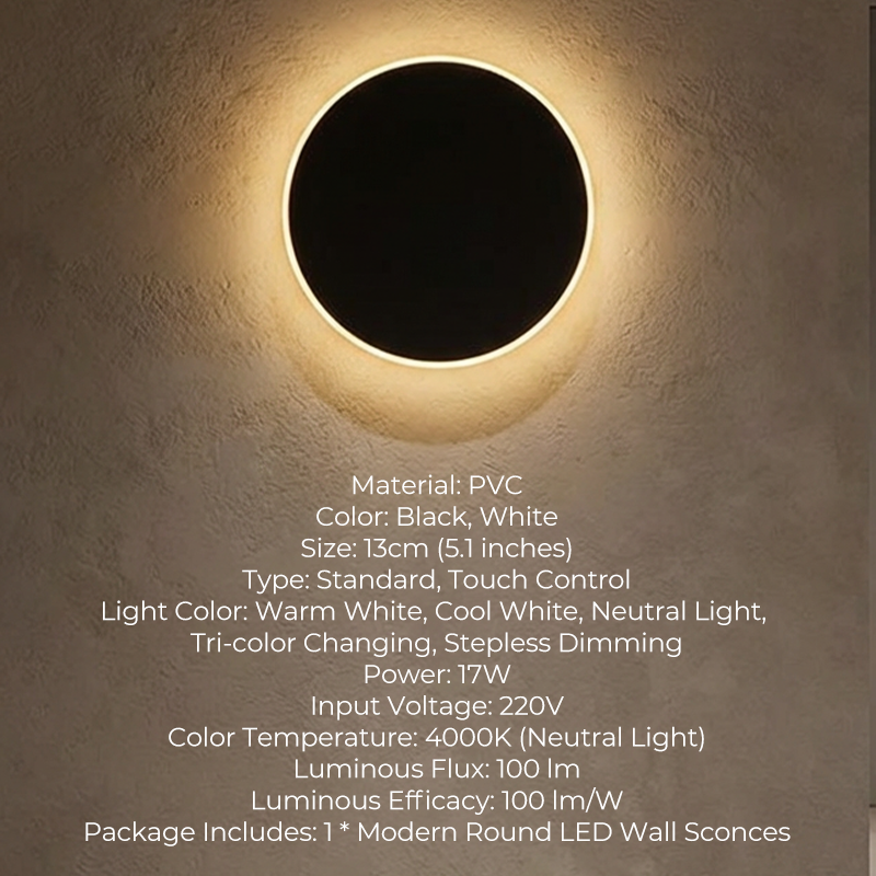 Arenzza modern round LED wall sconce mounted on a wall, showcasing sleek electronic wall lighting for contemporary home decor.