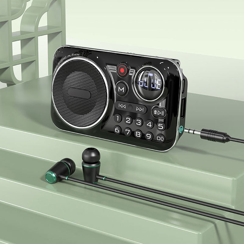 Arenzza multifunctional portable Bluetooth radio and recorder with control buttons and digital display on a sleek black device.