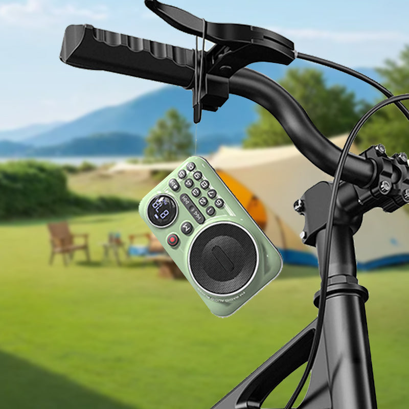 Arenzza portable Bluetooth radio and recorder with buttons and display, showcasing its multifunctional electronics design.
