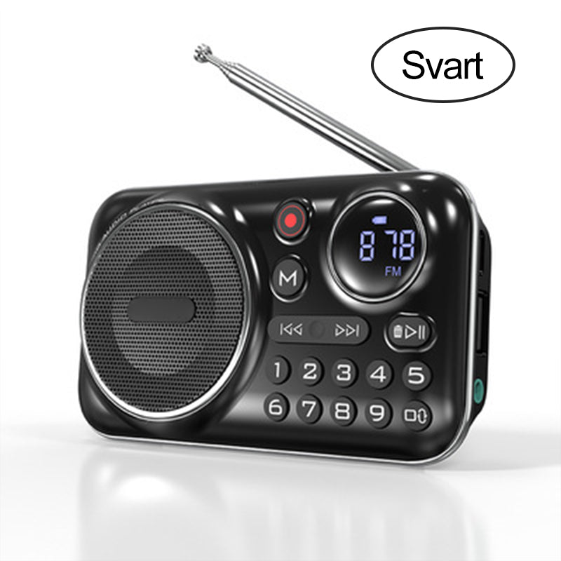 Arenzza portable Bluetooth radio and recorder in black with control buttons, display screen, and built-in microphone on a white background.