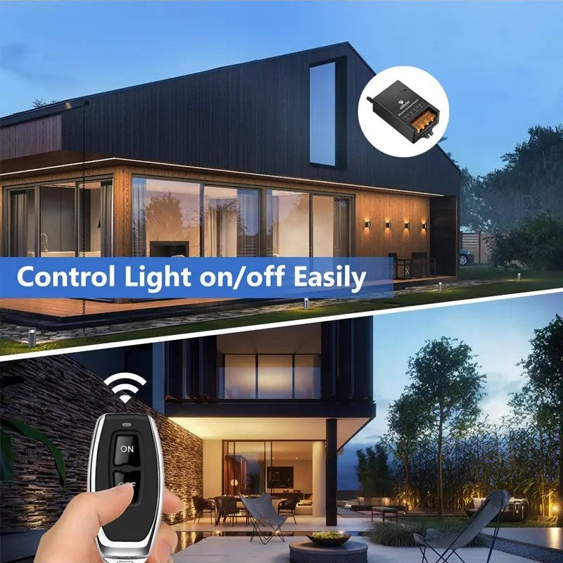 Arenzza wireless remote control switch and receiver kit for electronics, featuring a compact remote and receiver unit with no wiring needed.
