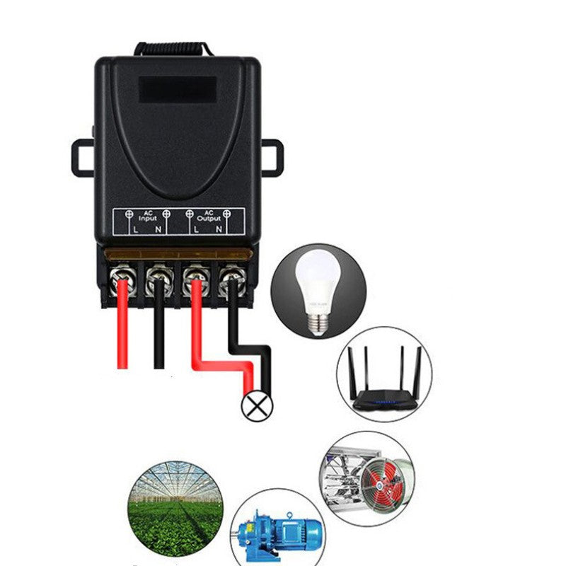 Arenzza wireless remote control switch and receiver kit for electronics, showing the remote and receiver device with buttons.