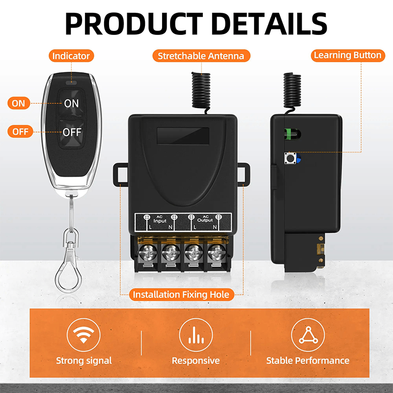 Arenzza wireless remote control switch and receiver kit for electronics, featuring compact design and no wiring setup.