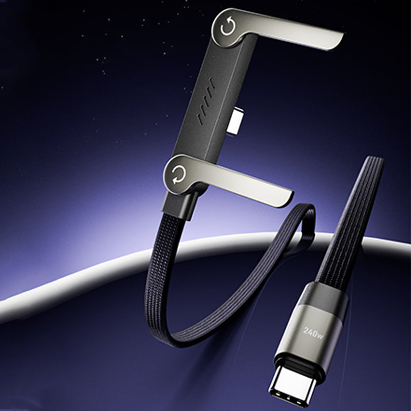 Arenzza 2-in-1 invisible holder charger cable with built-in phone stand, 240W fast charging for electronics and accessories.