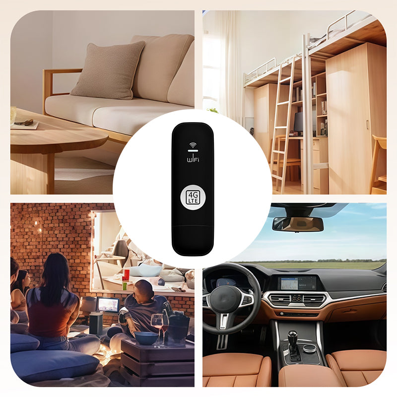 Arenzza portable 4G USB WiFi dongle and mobile hotspot router connected to a laptop, providing high-speed internet access.