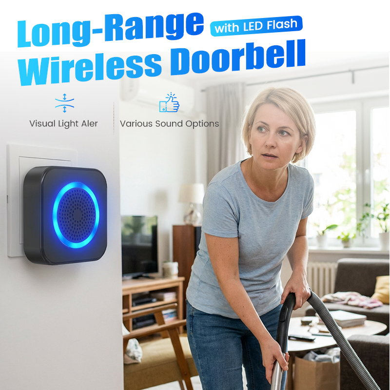 Arenzza long-range wireless doorbell with LED flash and ringing bell, ideal for home security and convenience.