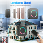 Arenzza long-range wireless doorbell with LED flash, electronic home accessory, mounted on a wall with a doorbell button and LED indicator.