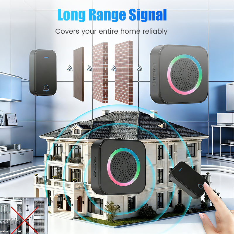 Arenzza long-range wireless doorbell with LED flash, electronic home accessory, mounted on a wall with a doorbell button and LED indicator.