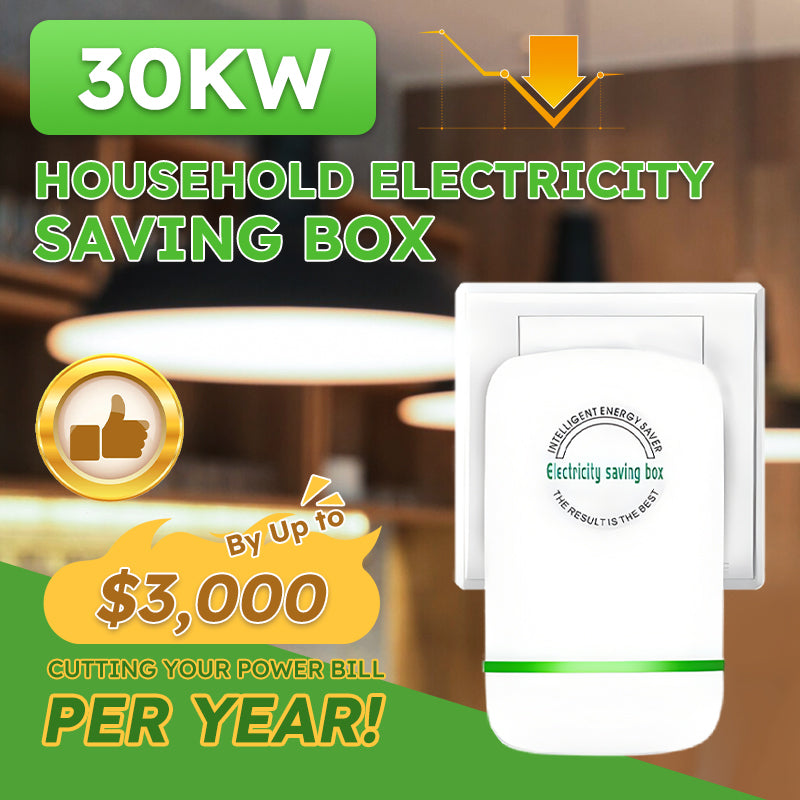 Arenzza 30KW home electricity saving box connected to electrical wiring, showcasing compact electronic energy-saving device for home use.