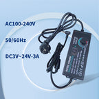 Arenzza adjustable 3V-24V 3A universal AC/DC power adapter for electronics and accessories, with input and output ports visible.