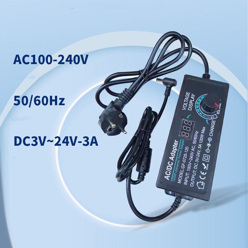 Arenzza adjustable 3V-24V 3A universal AC/DC power adapter for electronics and accessories, with input and output ports visible.