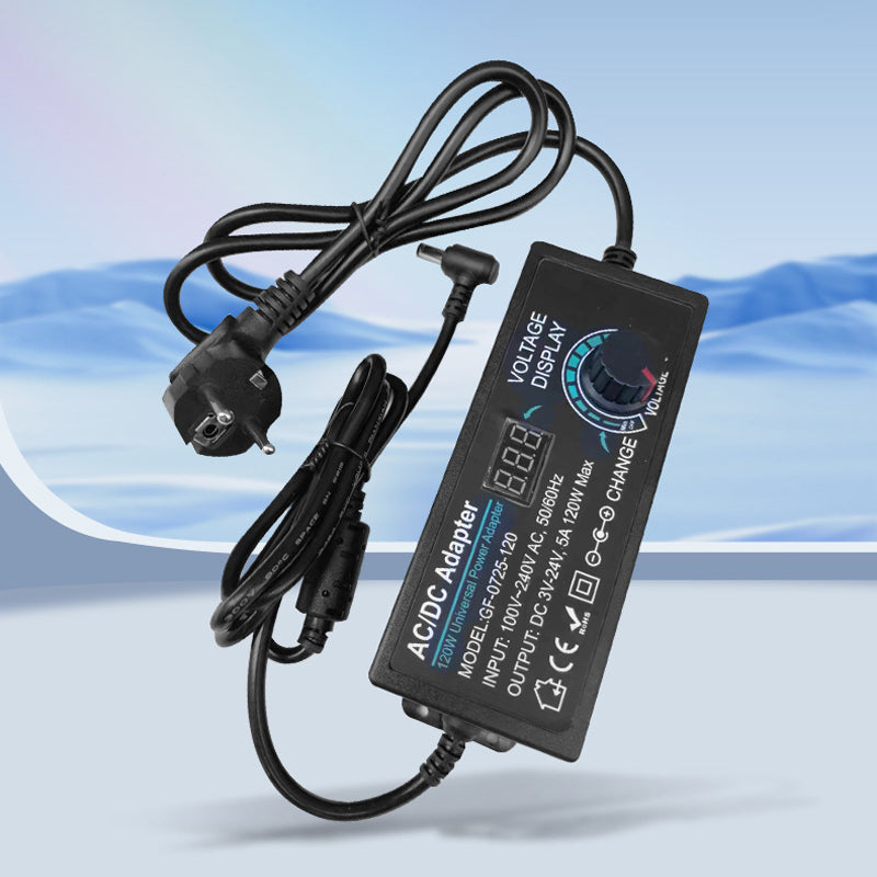 Arenzza adjustable 3V-24V 3A universal AC/DC power adapter for electronics and accessories, showing the compact device with cables.