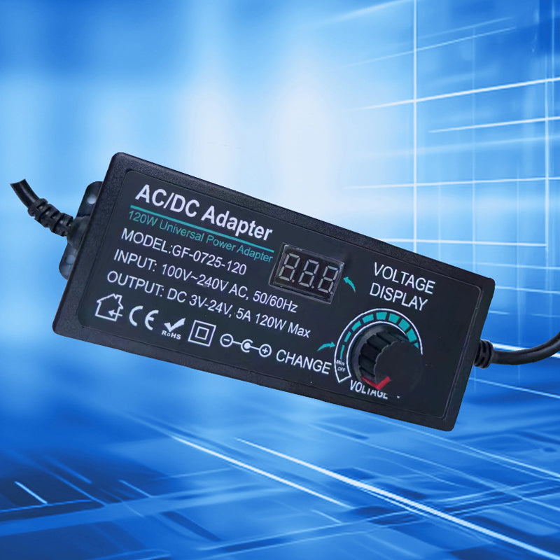 Arenzza adjustable 3V-24V 3A universal AC/DC power adapter plugged into a power strip, ready to power electronic devices.