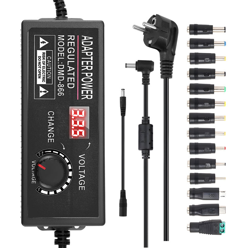 Arenzza adjustable 3V-24V 3A universal AC/DC power adapter used for electronics and accessories, with a compact design and multiple output ports.