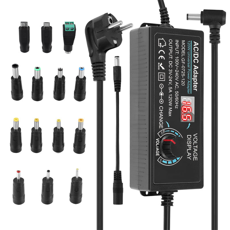 Arenzza adjustable 3V-24V 3A universal AC/DC power adapter with multiple output ports and compact design for electronics use.