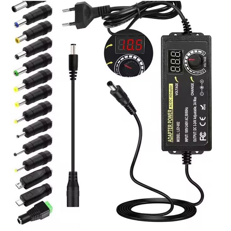 Arenzza adjustable 3V-24V 3A universal AC/DC power adapter with colorful cables and connection ports for electronic devices.