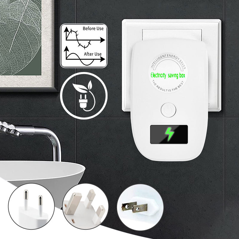Arenzza Electricity Saving Box for home and office, compact electronic device with LED indicators on a plain background.