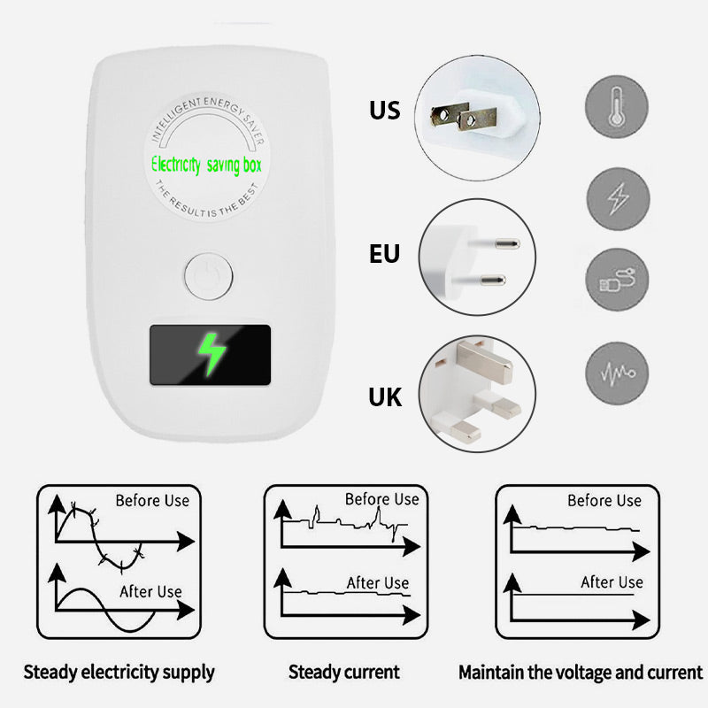 Arenzza electricity saving box for home and office, compact electronic device with LED indicators on a modern desk.