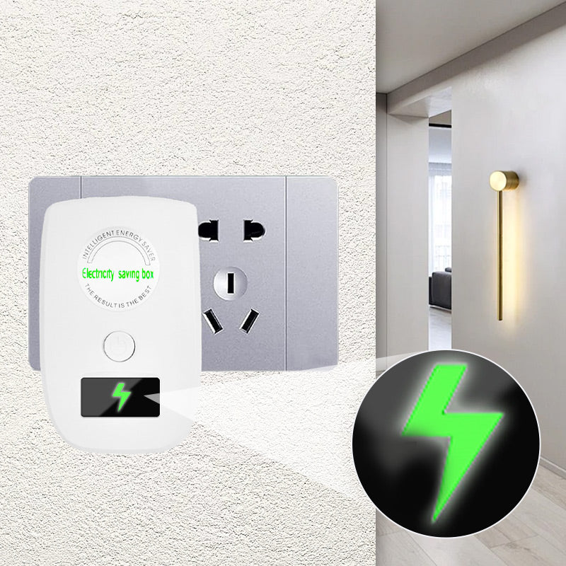 Arenzza electricity saving box for home and office, compact electronic device with LED indicator and power connection port.