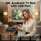Arenzza Android TV Box with Bluetooth, electronic device showing ports and remote control, in a modern black design.