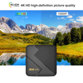 Arenzza Android TV Box with Bluetooth, black electronic device connected to a TV with cables and remote on a modern entertainment setup.