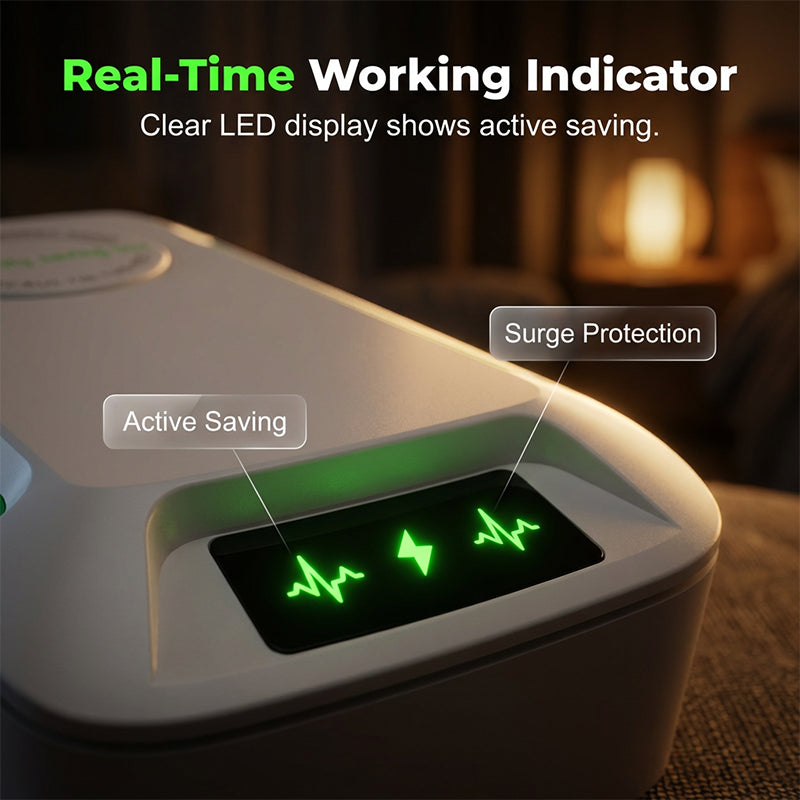 Arenzza Smart Energy Saver device for home appliances, showing a compact electronic gadget with LED indicators on a white background.
