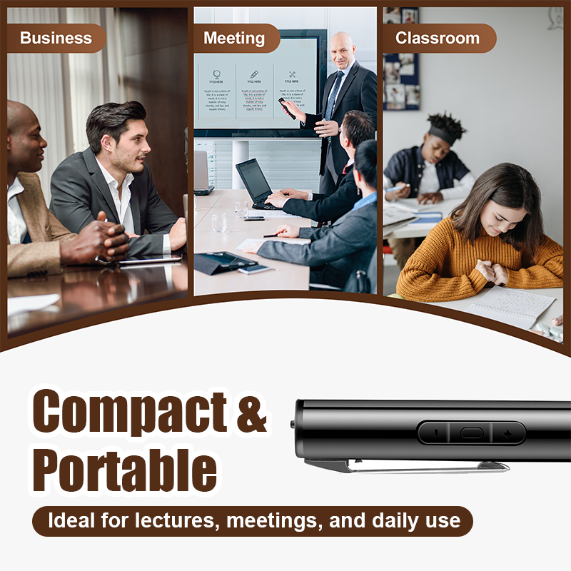 Arenzza multi-function high-capacity voice recorder pen with sleek black design, featuring a clip and button for recording.