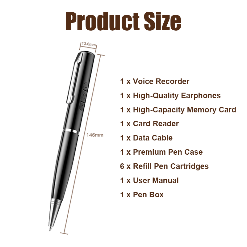 Arenzza multi-function high-capacity voice recorder pen shown with sleek black design and built-in microphone for covert audio recording.