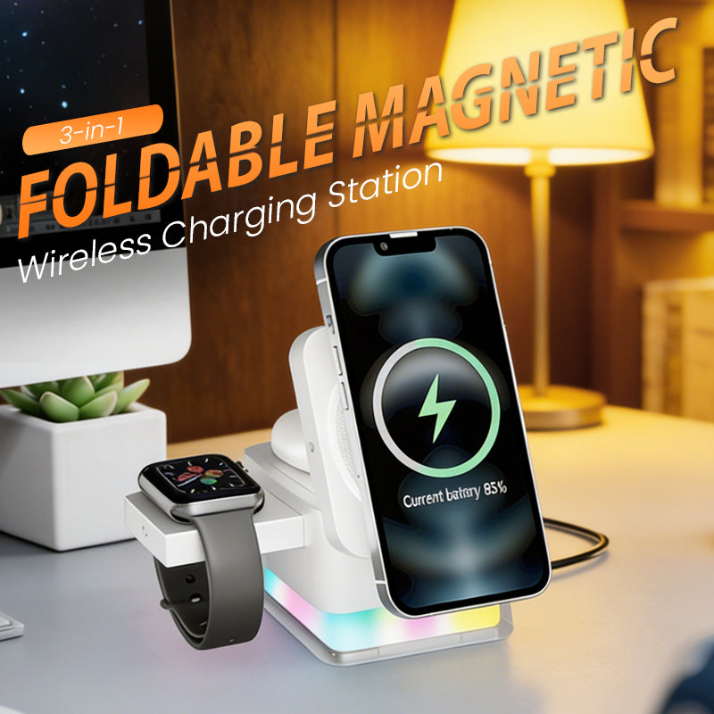 Arenzza 3-in-1 foldable magnetic wireless charging station for smartphones, smartwatch, and earbuds, compact electronic accessories.