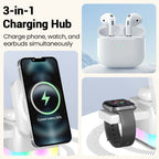 Arenzza 3-in-1 foldable magnetic wireless charging station for smartphones, smartwatch, and earbuds on a clean surface.
