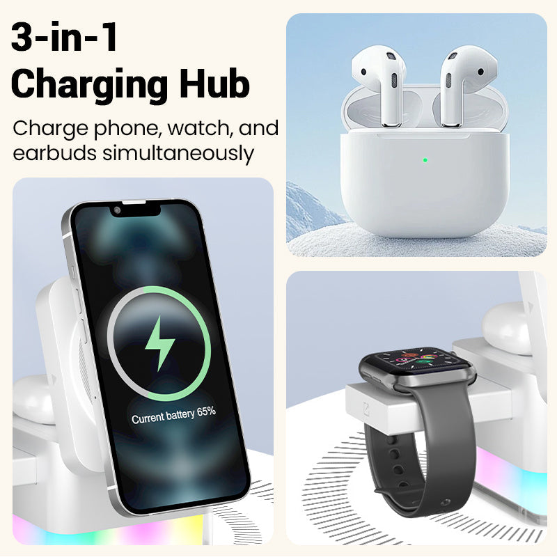 Arenzza 3-in-1 foldable magnetic wireless charging station for smartphones, smartwatch, and earbuds on a clean surface.