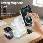 Arenzza 3-in-1 foldable magnetic wireless charging station with multiple device charging ports and sleek black design.