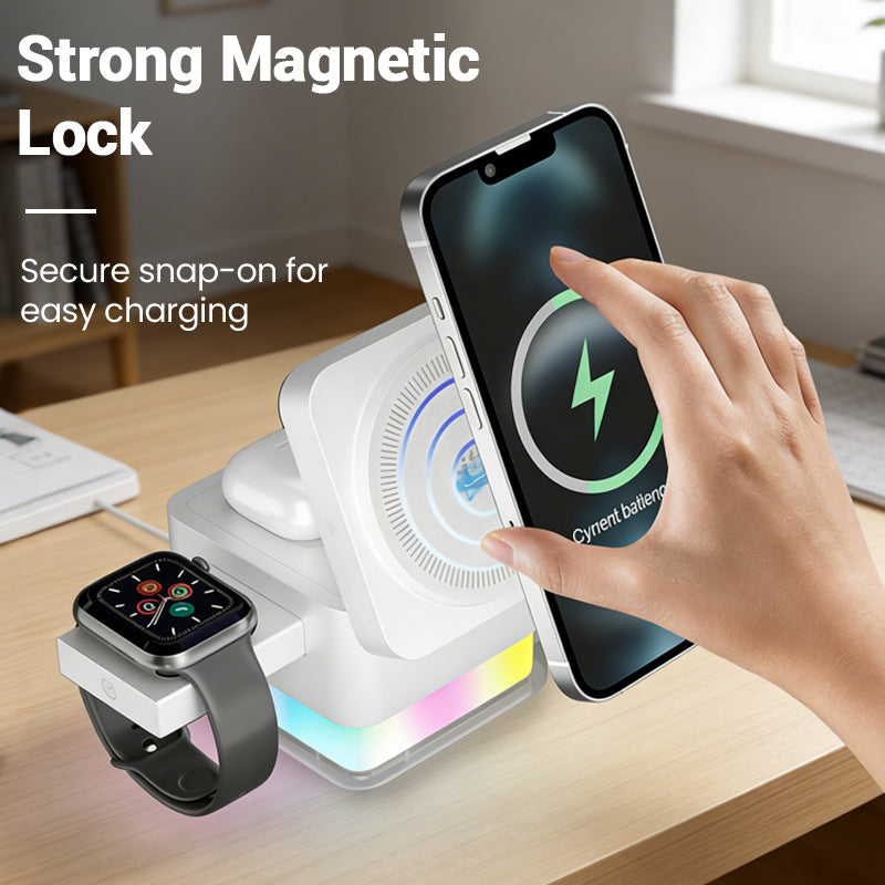Arenzza 3-in-1 foldable magnetic wireless charging station with multiple device charging ports and sleek black design.