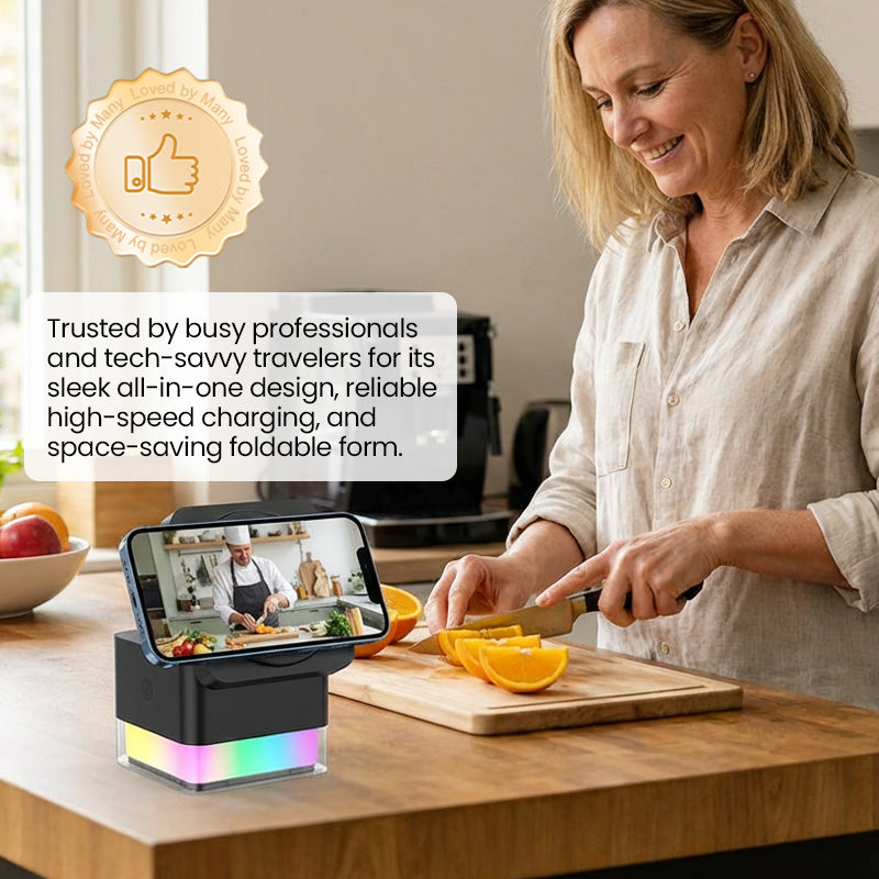 Arenzza 3-in-1 foldable magnetic wireless charging station for smartphones, earbuds, and smartwatch in sleek black design.