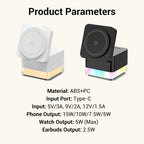 Arenzza 3-in-1 foldable magnetic wireless charging station for smartphones, earbuds, and smartwatch on a sleek surface.