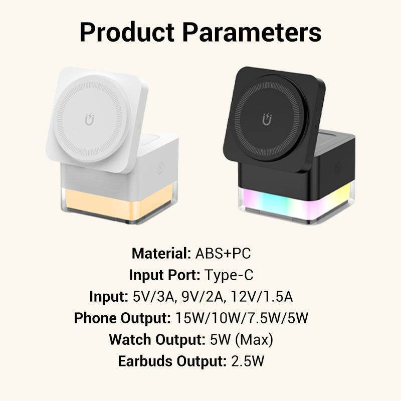 Arenzza 3-in-1 foldable magnetic wireless charging station for smartphones, earbuds, and smartwatch on a sleek surface.