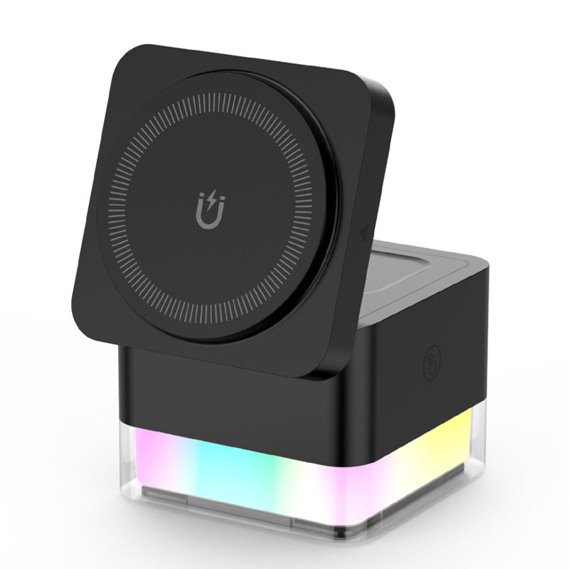 Arenzza 3-in-1 foldable magnetic wireless charging station for smartphones, earbuds, and smartwatch, in sleek black finish.