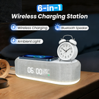 Arenzza 6-in-1 wireless charging station with multiple charging pads for smartphones, earbuds, and smartwatch, in sleek black design.